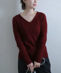 Трикотажный топ с V-образным вырезом в рубчик, элегантный крой, длинные рукава, рукава 3/4, женский Pourvous, цвет Bordeaux