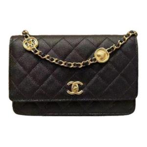 Chanel 24A WOC Золотая монета на цепочке, кожаная сумка через плечо, женская, черная