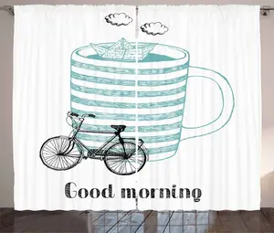 Штора ABAKUHAUS Vintage Boat Rustic, Good Morning Cup, присборенная штора из тесьмы для спальни с петлями и крючками, 280 x 225 см, цвет "морская пена" и черный Abakuhaus