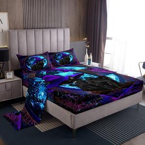 Erosebridal Комплект постельного белья Cat Kawaii с милыми котятами в шляпах и бохо-узорами, фиолетово-синий, Multi 23