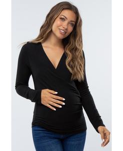 Топ для беременных из ворсистой трикотажной ткани темно-синего цвета с запахом спереди Pinkblush, Black