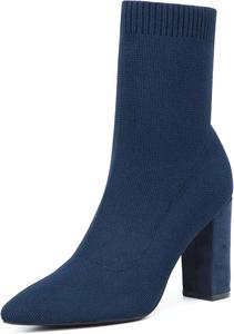 Женские ботильоны NEWBELLA с заостренным носком - минималистичные ботинки носки с массивным каблуком, тянущиеся вязаные узкие повседневные ботинки на осень и зиму, Navy Blue