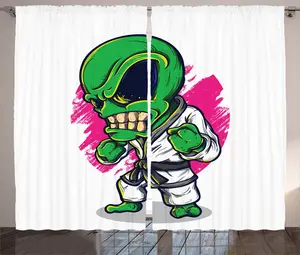 Штора ABAKUHAUS в деревенском стиле с рисунком Злой инопланетянин каратэ, присборенная штора для спальни с петлями и крючками, 280 x 175 см, зелено-розовая Abakuhaus
