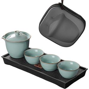 Набор для путешествий с чаем PUQI, ru kiln elegant rhythm travel tea set-one teapot and three cups (azure)+pillow moon rectangular tea tray
