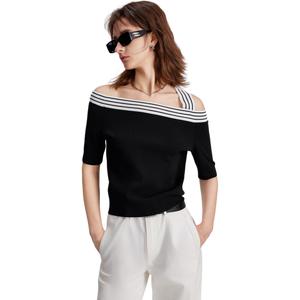 ELLE Трикотажный свитер женский черный с круглым вырезом умеренно нерегулярный