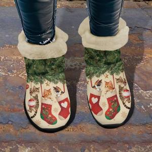 Женские ботильоны с противоскользящей подошвой, зимние ботинки с меховой подкладкой, уютные теплые домашние зимние обувь Chririnla, Christmas Kitten Pine Tree