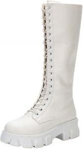 Зимние ботинки для женщин на платформе, однотонные, средние по голени, снежные, модные, с круглым носком, на шнуровке, повседневные теплые ботинки с боковой молнией Generic, White