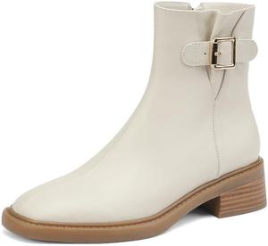 Женские ботильоны TinaCus ручной работы из натуральной кожи с пряжкой, квадратным носком, низким блочным каблуком и боковой молнией, Beige