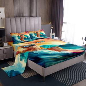 Erosebridal Комплект постельного белья Surfer Cat с принтом кота на серфинге в морском стиле, Teal Orange