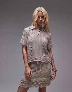 Топ-поло Topshop, трикотажный узор ажурной вязкой, кремового цвета