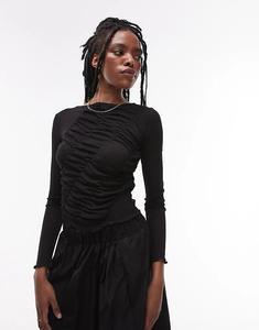 Топ с длинными рукавами и сборками черного цвета Topshop