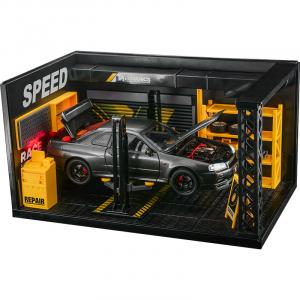 Chi Yu Car Play 1 24 Skyline GTR R34 сборная модель автомобиля из сплава CHIYUCHEWAN, Nissan Skyline GT-R Carbon Fiber Edition+Repair Workstations Scenario