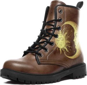 Женские небесные боевые ботинки - босоножки на щиколотку из веганской кожи «Солнце и Луна», модные готические бохо ботинки на шнуровке с массивной подошвой Coolcustomize, Brown-Black