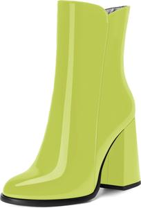 Женские ботильоны WAYDERNS на высоком каблуке 4 дюйма с круглым носком, молнией, однотонным дизайном, лаковой отделкой и модным стилем для свиданий, Yellow Green