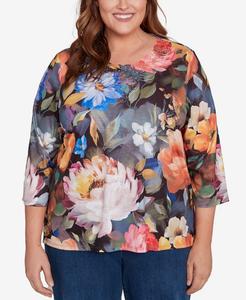 Классический эффектный топ больших размеров с цветочным кружевом на воротнике Alfred Dunner, Navy