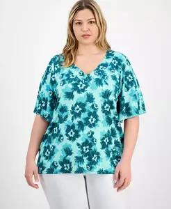 Топ больших размеров с принтом, расклешенными рукавами и V-образным вырезом JM Collection, синий