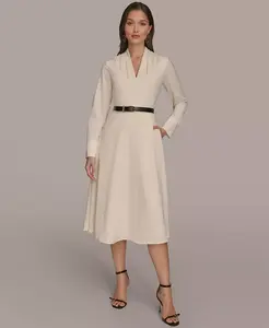 Женское атласное платье миди А-силуэта с V-образным вырезом и поясом Donna Karan New York, белый