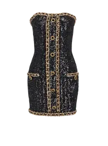 Бюстье-платье с вышивкой из пайеток Balmain, черный