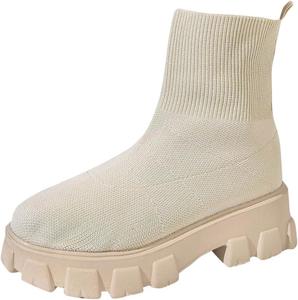 Женские ботильоны на платформе с носком, с массивным каблуком, эластичные вязаные, без застежки, челси, для осени и зимы Generic, Beige