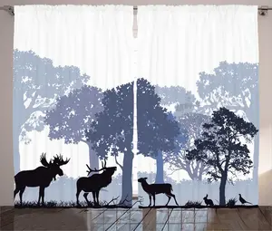Штора ABAKUHAUS "Деревенский лось", серая, с изображением лесных животных, для спальни, с присборенной лентой, петлями и крючками, 280 x 245 см, цвет: черный, белый, серый Abakuhaus