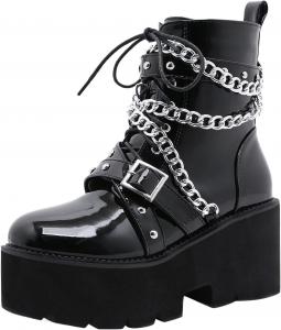 Женские готические лакированные ботильоны на платформе с высоким толстым каблуком, шнуровкой, в стиле милитари, панк, короткие мотоботинки Generic, Black