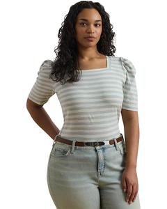 Футболка Lauren Ralph Lauren Plus Size Striped Cotton Jersey Puff-sleeve Tee, цвет Aqua Pearl/Mascarpone Cream