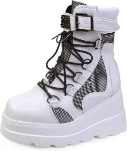 Женские платформенные ботильоны на танкетке, с круглым носком, массивным высоким каблуком, готические боевые ботинки, с цепочкой и шнуровкой, мотоциклетные ботинки ZPRGZPG, White