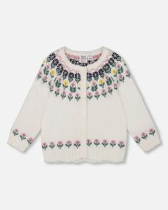 Детский жаккардовый вязаный кардиган для девочки, кремового цвета с цветочным узором Deux par Deux, Off-white