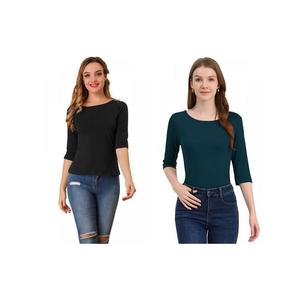 2 упаковки женских классических футболок узкого кроя с рукавами до локтя и вырезом «лодочка» ALLEGRA K, цвет Black Dark Green