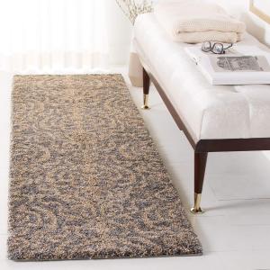 Ковер-дорожка SAFAVIEH, 69 x 214 см, Florida Shag Collection - Grey & Beige, Damask Design, без линьки и простой в уходе, идеально подходит для помещений с высокой проходимостью в гостиной, спальне (SG462-8013)