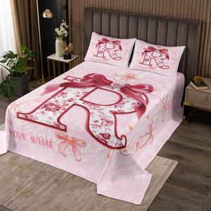 Erosebridal Комплект постельного белья 3D с монограммой R и дизайном бантов в стиле кокет, цветочный принт, розовый, Pink R