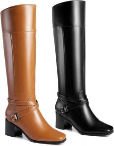 Женские ковбойские сапоги ANN CREEK 'Jumas' с квадратным носком, высокие до колена, на толстом каблуке с перекрестными ремешками и пряжками, Black