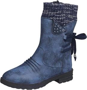 Женские зимние теплые сапоги с круглым носком, шнуровкой, вестерн на платформе, ковбойские ботинки, походные ботильоны, противоскользящие, для улицы, сапоги средней длины No Brand, 8.5 Blau