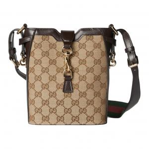 GUCCI Сумка-ведро из холста с кожаной отделкой через плечо маленького размера женская бежевая и черная