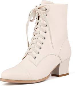 Женские викторианские ботильоны на шнуровке с боковой молнией, массивным средним каблуком Pixoecuty, Beigewhite