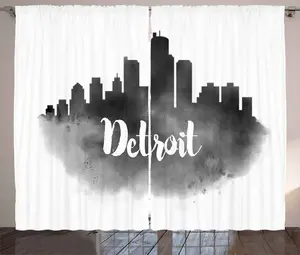 Шторы ABAKUHAUS Detroit Rustic, черный дымчатый городской пейзаж, универсальные ленточные шторы для гостиной с петлями и крючками, 280 x 225 см, цвет антрацитовый, серый, белый Abakuhaus