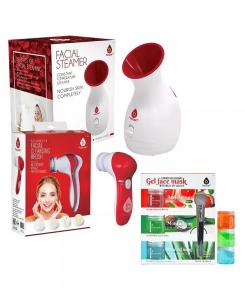 Набор спа-ухода за лицом: отпариватель для лица, очищающая щетка и гелевые маски для лица Pursonic, цвет White and Red