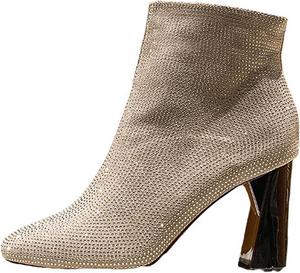 Женские ботильоны на массивном каблуке с острым носком, боковой молнией, полностью усыпанные стразами, блестящие свадебные ботинки для невесты Generic, White