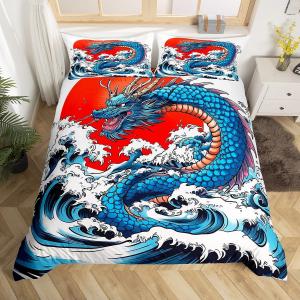 Erosebridal Комплект постельного белья Dragon с японской тематикой укиёэ для детей, фантазийный дизайн с драконами и красным солнцем на морской волне, Red Blue