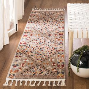 Ковер-дорожка SAFAVIEH, 64 x 244 см, Farmhouse Collection - , Taupe & Navy, дизайн в стиле бохо Moroccan Tribal с кисточками, без линьки и простой в уходе, идеален для помещений с высокой проходимостью в гостиной, спальне (FMH852E)