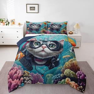 Erosebridal Комплект постельного белья Funny Cat с морским принтом в голубых тонах, Teal Blue and Grey