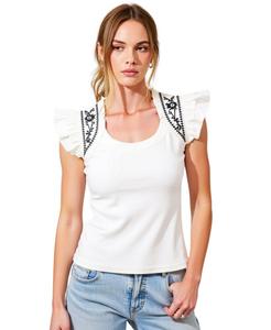 Женская вязаная блузка с оборками и короткими рукавами, с вышивкой Modenaire, White