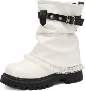 Женские джинсовые ботинки Aflngle на платформе с низким массивным каблуком средней длины, модные ботинки с круглым носком, протекторной подошвой, пряжкой, имитацией двухслойной конструкции, удобные, на подъем, ковбойские ботильоны, White