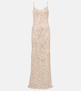 Платье макси с цветочным принтом и пайетками Self-Portrait, кремовый