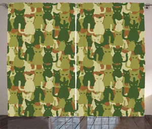 Штора ABAKUHAUS "Кошка в деревенском стиле", силуэты котят, джунгли, штора для спальни со сборками, петлями и крючками, 280 x 175 см, цвет: зеленый, темно-зеленый, кремовый Abakuhaus