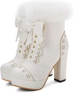 Женские туфли Elyffany в стиле Лолита для вечеринок с платформой, массивным каблуком, из искусственной кожи, с шнуровкой и бантом, ботильоны, White