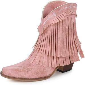 Женские ботильоны UniqueStride с бахромой на щиколотке, вышивкой и ковбойским стилем, с массивным каблуком, кожаной отделкой, кисточками и удобной посадкой, короткие ковбойские ботинки, Pink