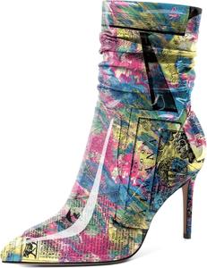 Женские скошенные ботильоны Mettesally с высоким каблуком, заостренным носком, модные стильные с боковой молнией, каблук 3,5 дюйма, ботинки средней высоты, Patent Newspaper Pink