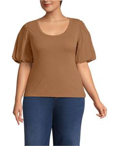 Женская блузка больших размеров в рубчик с пышными рукавами и круглым вырезом Lands' End, Canyon camel
