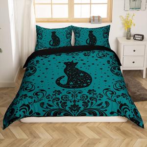 Erosebridal Комплект постельного белья Black Cat Duvet Cover с готическим принтом в стиле бохо, дамасский узор с луной и звездами, износостойкий материал, Teal Black